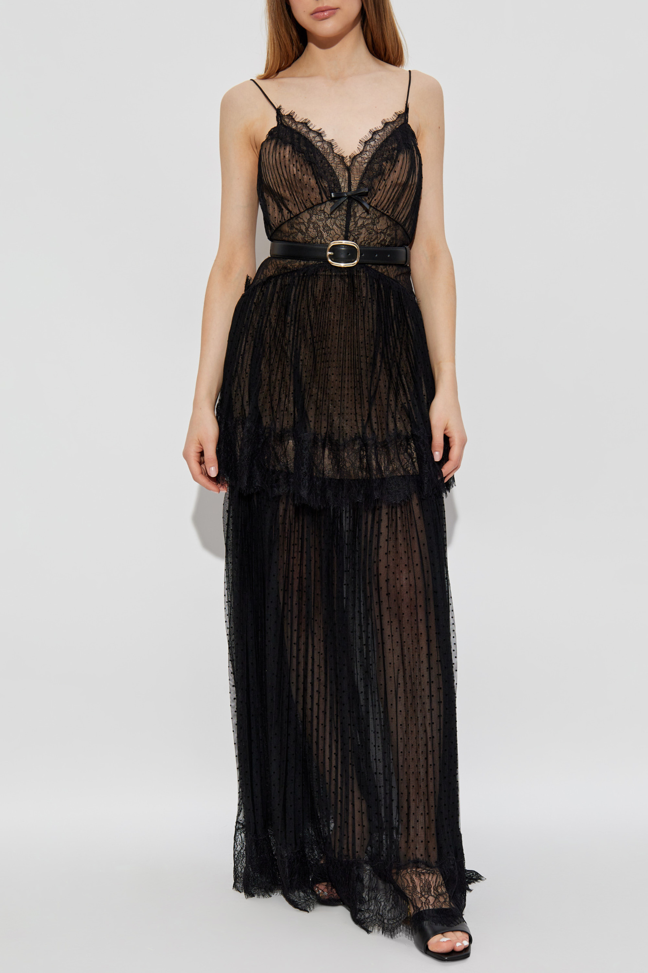 パーティードレス Self-Portrait Asymmetrical Black Strass Evening Dress Black Rhinestone Lace Sleeves Maxi Dress – self-portrait-EU